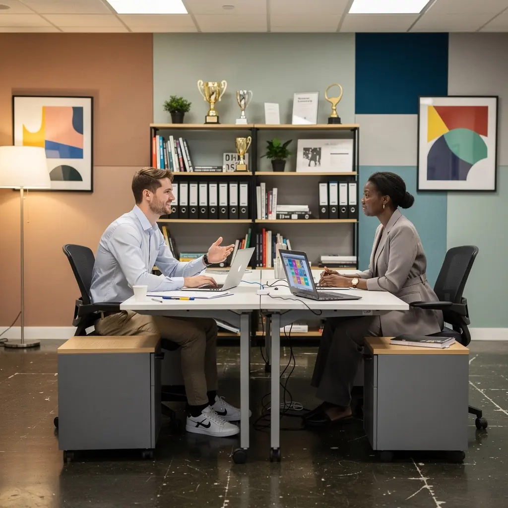 Комфортная зона отдыха с современным дизайном и зелеными растениями.