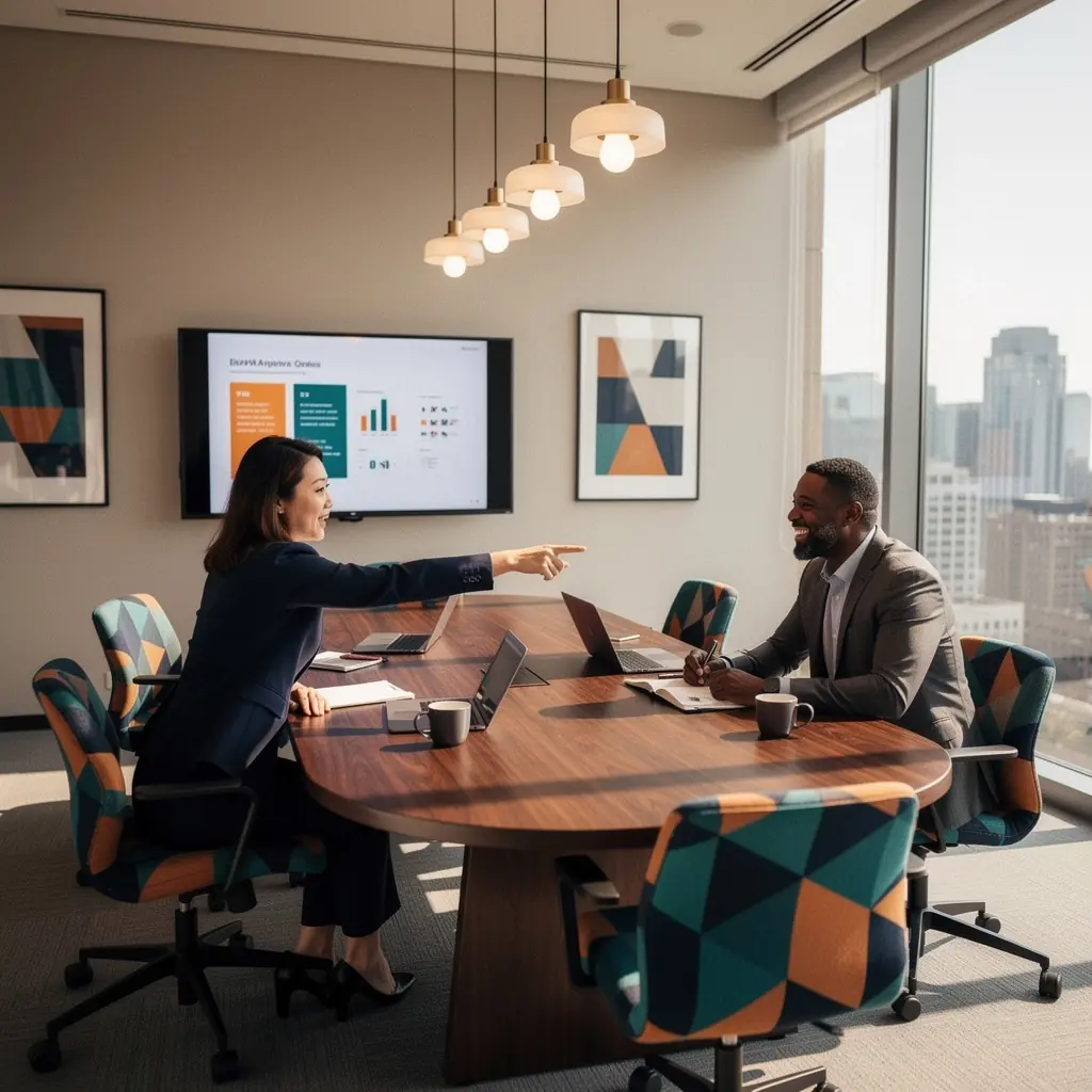 Интерьер офиса с элементами брендирования и современными материалами.