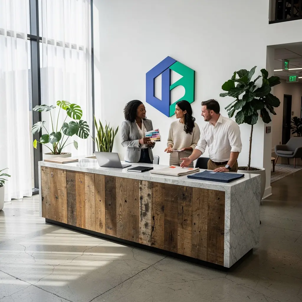 Креативный уголок для отдыха сотрудников с яркими цветами.